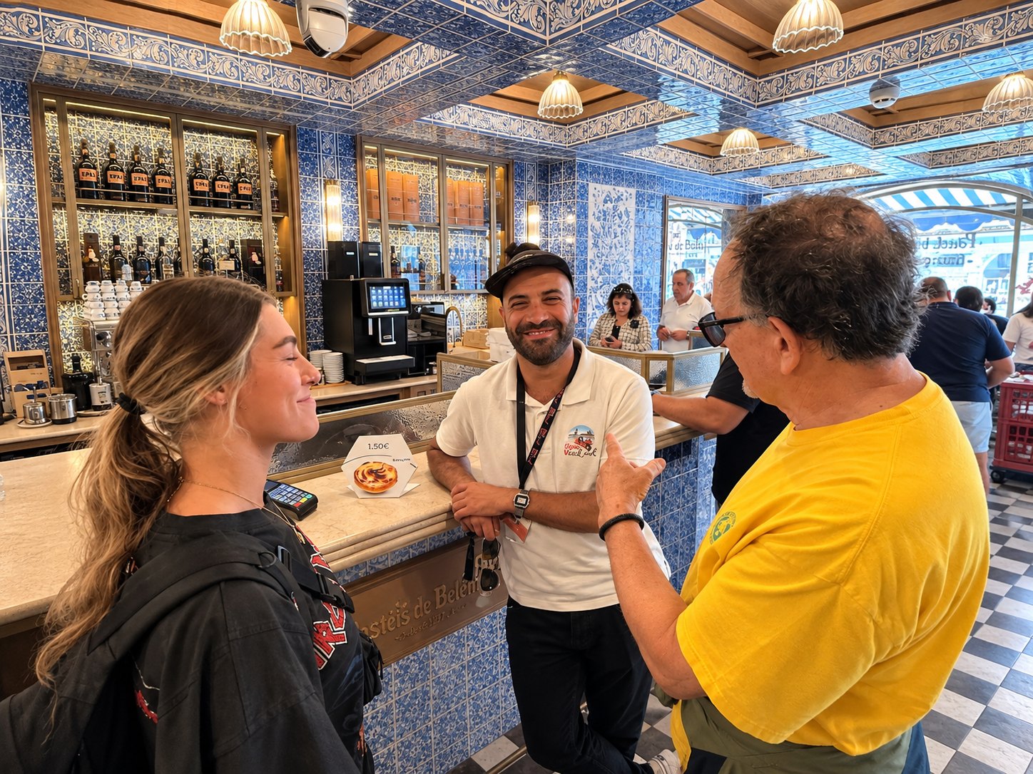 A guide chatting with guests at the tiled counter of Past&eacute;is de Bel&eacute;m
