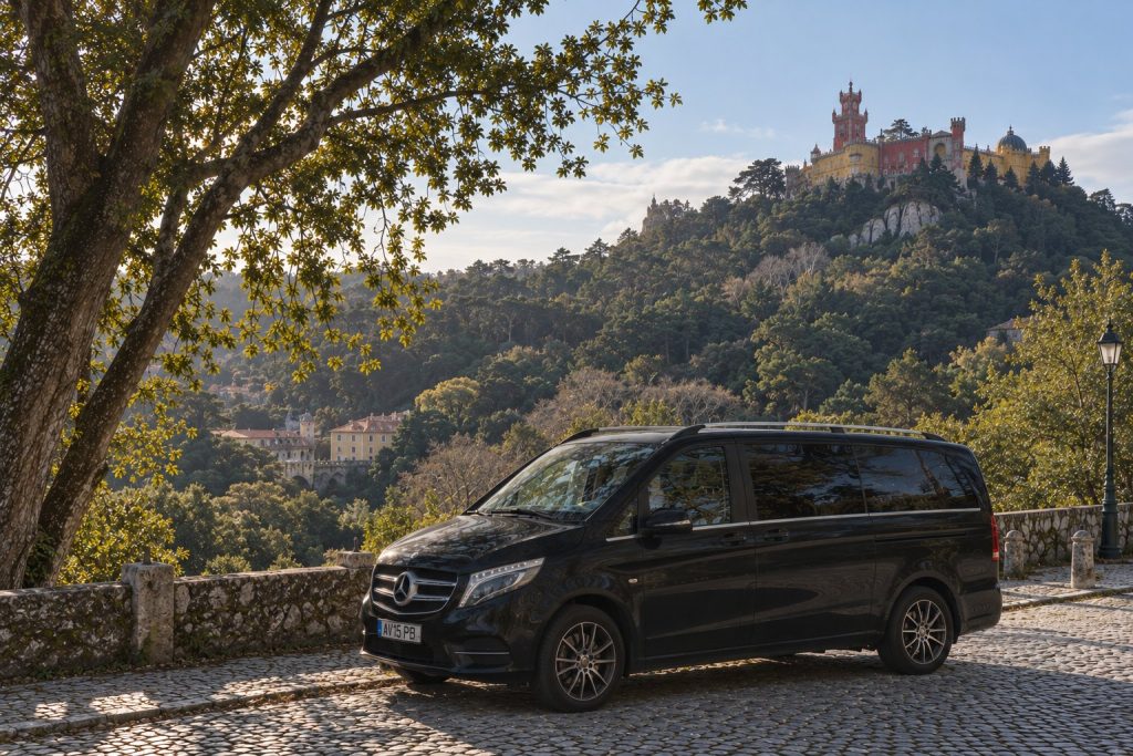 A private black van parked on a cobbled road in Sintra, with Pena Palace on the hill behind